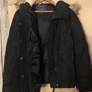 American eagle puffer short black coat with detachable hood worn once